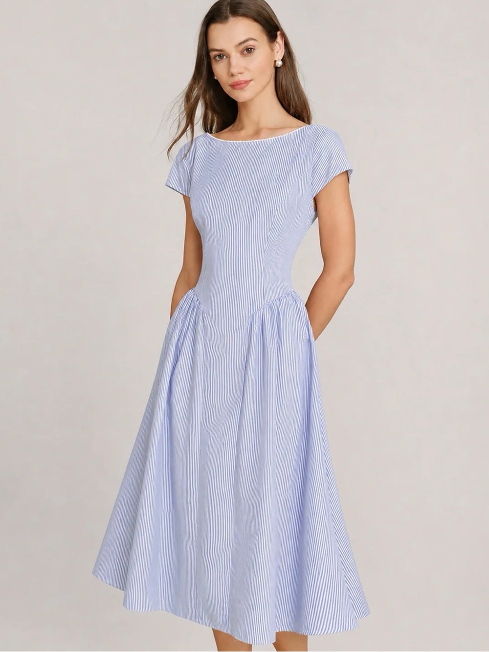 Blue Boat Neck Shirred Midi Dress